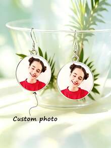 suteyi Personalized Photo Dangle Earrings - Custom Picture Drop Earrings, Silver Plated Hook Earrings, Memorial Keepsake Jewelry Gift For Girl Mom Girlfriend - Silver - View 7