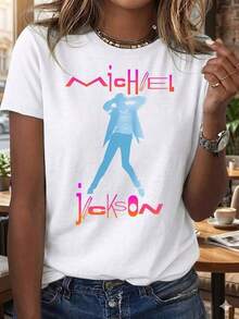 Women's Legendary Singer Neon Gradient Stage Silhouette Print Crew Neck Short Sleeve T-Shirt, Soft Breathable Retro Streetwear Tee For Streetwear, Vacation And Daily OutfitLayeras De Mujer Algodon Blusas Frescas Para El Calor Blusas Dama Playeras De Dama Playeras Mujer Blusa Blanca Playeras Basicas De Mujer Blusas Oversize Para Dama Playeras Oversize De Mujer  Y2k Mujer Verano Camisetas De Mujer Algodón Playeras Para Mujer Blusas Casuales Para Dama Envio Nacional - Blanco - Ver 1