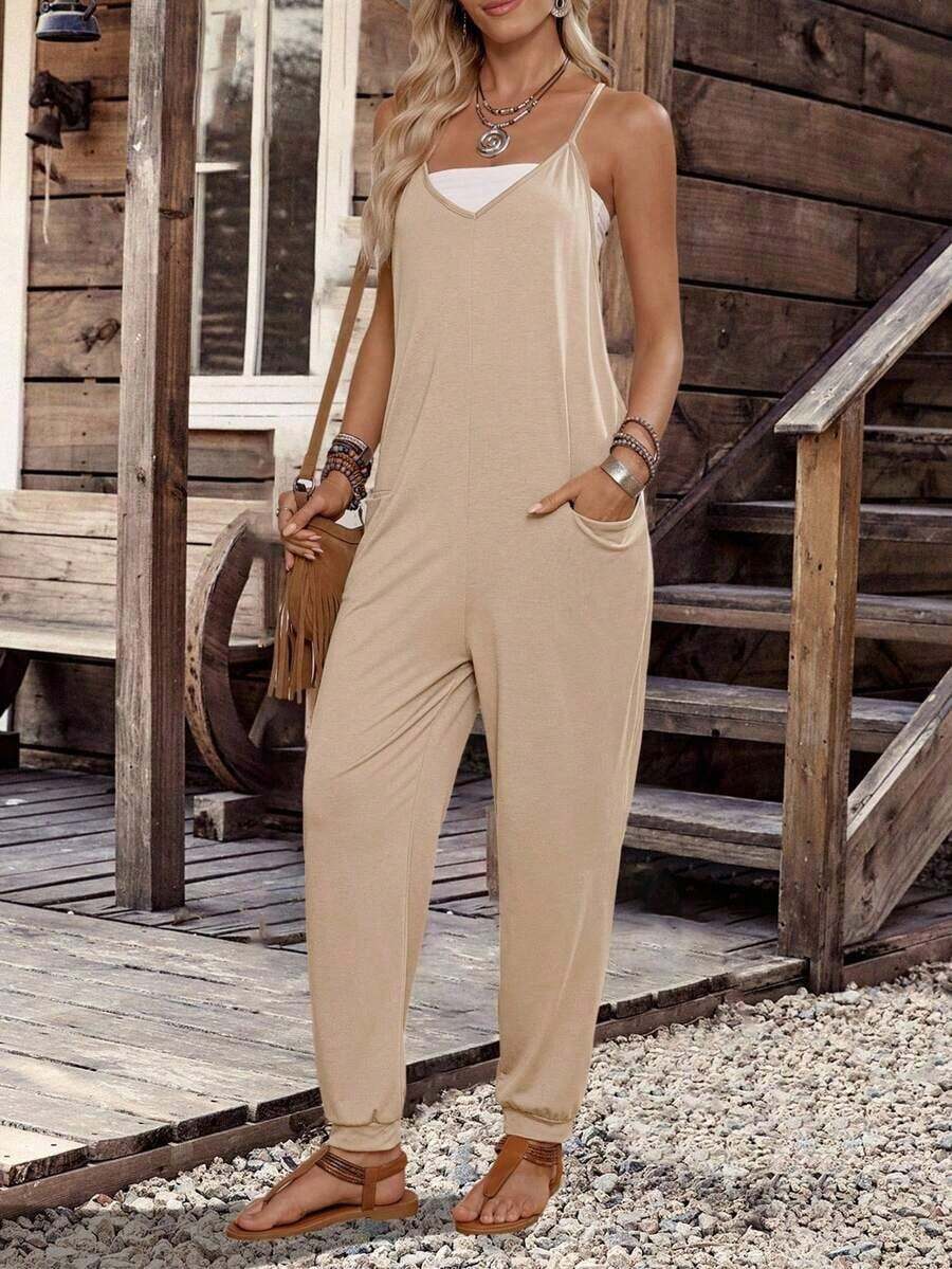 SUN - Shirtless Jumpsuit With Open Back And Double Pocket - 卡其色 - 查看 1