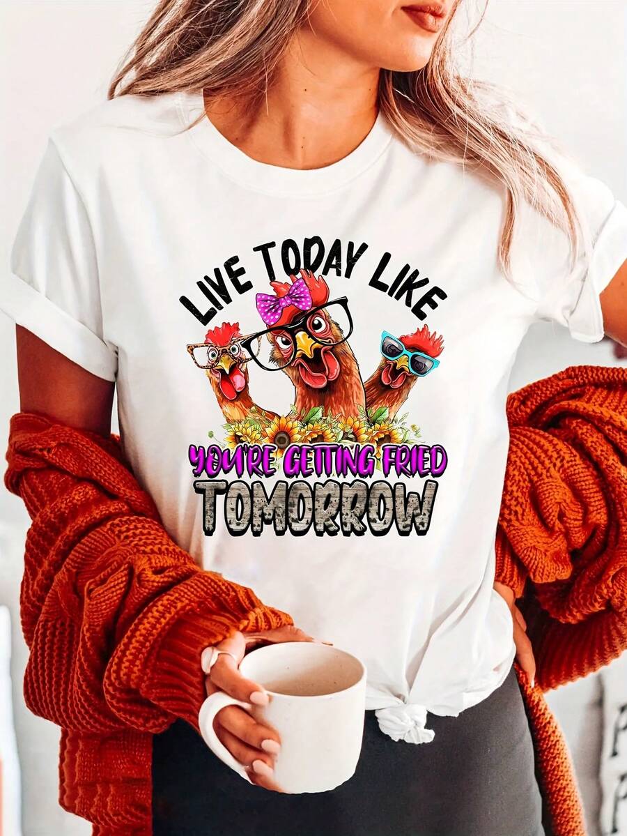 Camiseta de cuello redondo con estampado de pollos, blusa casual de manga corta para verano y primavera, blusa casual para mujer. - Blanco - Ver 1