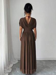 Elenzya Vestido maxi de mujer con tela de malla elástica con forro elástico, fruncido, pliegues en la cintura, cintura ajustable, silueta evasé, hombros caídos, mangas cortas, lazo en la espalda, hombros antideslizantes, longitud maxi, color rojo angora, estilo vintage francés elegante, adecuado para ir a la oficina, de viaje, casual, minimalista, versátil, para tomar el té de la tarde, fiestas, nueva llegada primavera/verano, vestidos envolventes para damas, vestidos talla grande vendidos, vestidos formales para mujer, vestidos elegantes clásicos para bodas y eventos - Marrón - Ver 2