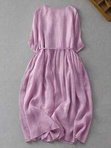 Vestido de manga media con cuello redondo, doble volante, plisado y patchwork, de estilo vintage para primavera y verano. Vestidos elegantes y casuales para mujeres. - Púrpura malva - Ver 5