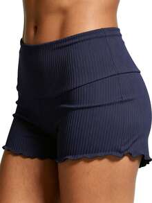 Women Summer Ribbed Shorts Casual Lettuce Trim Fold-Over Waist Elastic Shorts Pants for Beach Club Streetwear - Azul - Ver 3