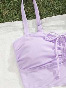 Conjunto de 3 piezas de top camiseta deportiva casual y de unicolor con shorts de natación con cordón, falda plisada con volantes, tela de estiramiento medio, traje de baño bikini para vacaciones, playa, piscina, en la playa, verano - Beis - Ver 6