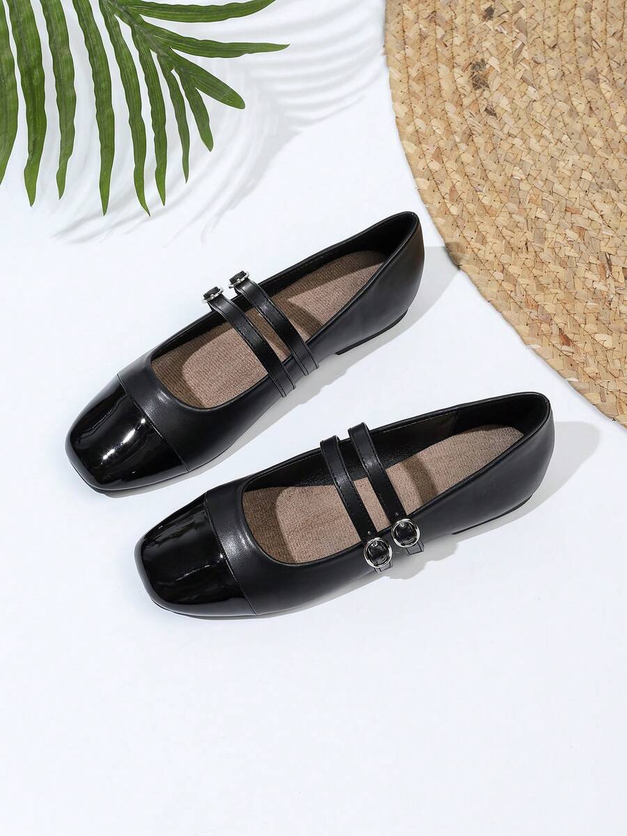 Mary Jane Shoes, Patent Leather Patchwork, Dual Strap Buckle Closure, Versatile Uniform Style Leather Shoes