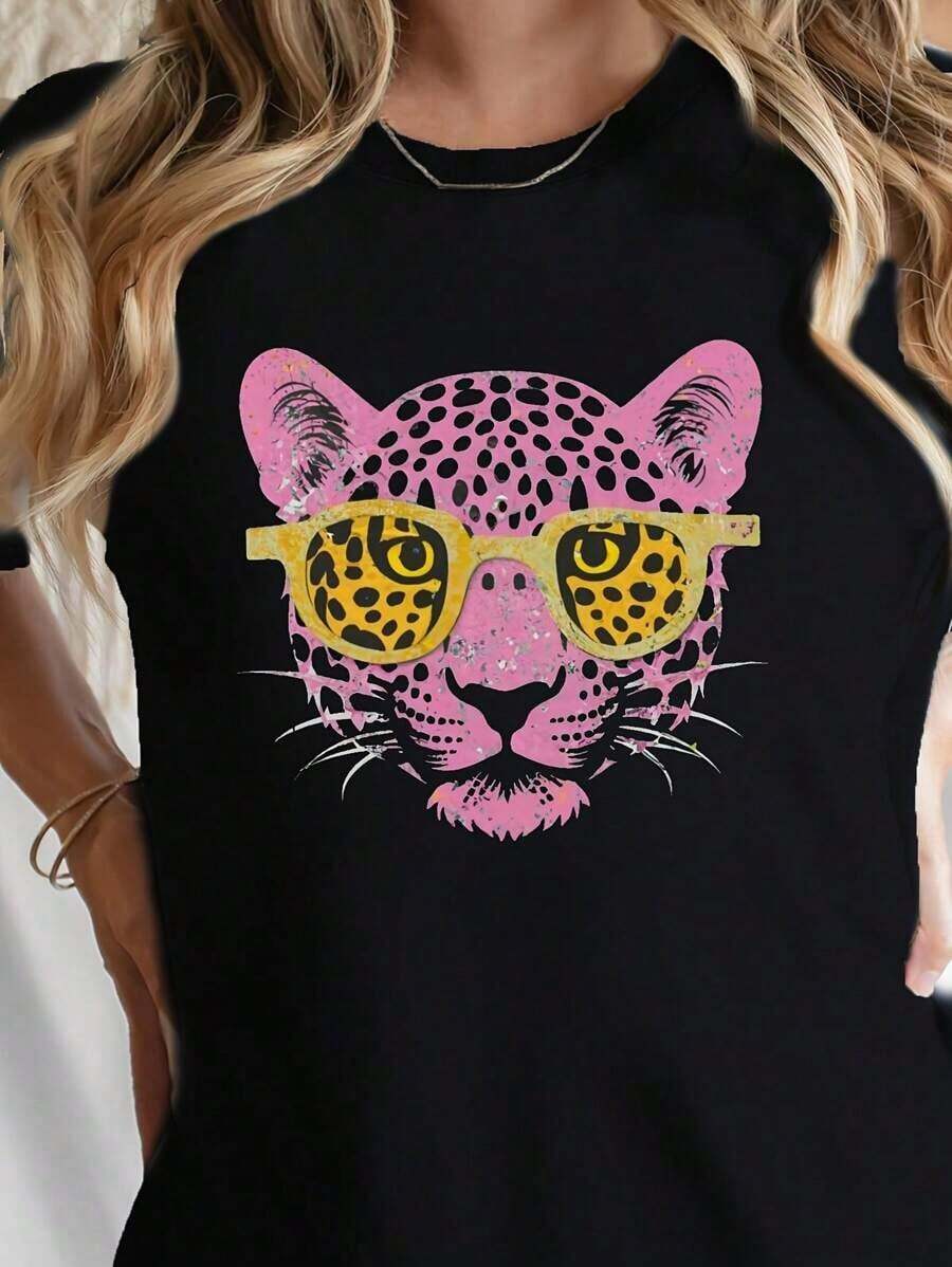 1 pieza de camiseta de cuello redondo con estampado de leopardo rosa, camiseta casual de manga corta para primavera y verano, ropa de mujer, 180g, 100% algodón. - Negro - Ver 1