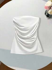 Top tubo corto verde con pliegues laterales, unicolor, informal para mujer - Blanco - Ver 7
