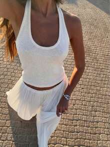 New Spring/Summer Spaghetti Strap Camisole, Sexy Breathable Fitted Slim Knit Tank Top - Apricot - View 1