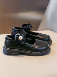 Girls' Sweet Lace Trim Mary Jane Flats, With Pearl Bow Decoration, Hook And Loop Non-Slip Soft Sole Princess Shoes - Black - View 5