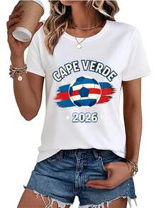 Blusa casual para mujer, camiseta con estampado de fútbol de Cabo Verde 2026 para mujer, 180G, manga corta, perfecta para aficionados al fútbol, salidas familiares y regalos para actividades de team building de la empresa, playeras de mujer algodón. - Blanco - Ver 1