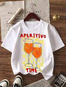 Camiseta de manga corta con estampado de cóctel "Aperitivo Time" para mujer, estilo retro italiano, holgada y transpirable, ideal para la hora del aperitivo de verano, escapadas a la playa, brunch con amigas, salidas diarias o como atuendo de viaje. Ecológica. - Blanco - Ver 6
