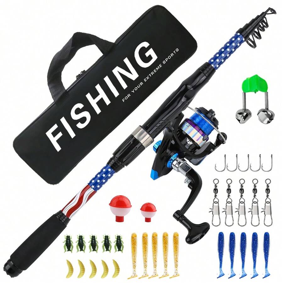 1.8m Portable Telescopic Fishing Set, Pre-Installed Spool Spinning Reel, Complete Fishing Tackle Accessories With Storage Bag, Lightweight Durable Fishing Rod, Suitable For Freshwater Lakes, Rivers, Streams, Ideal For Beginners And Outdoor Use