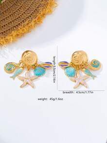 1 par de pendientes con colgante de concha y estrella de mar, adecuados para fiestas, reuniones, uso diario, vacaciones en la playa, regalo versátil para mujeres - Amarillo Oro - Ver 2