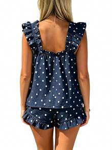 Women 2 Piece Pajamas Outfits Summer Dot Print Ruffled Trim Sleeveless Tank Tops And Shorts Set Sleepwear - Blue - View 2