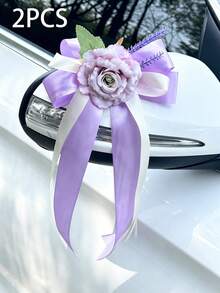 2PCS Wedding Car Rearview Mirror Flower With Suction Cup, Cream White Artificial Rose Bow Satin Ribbon Streamers For Bridal Convoy, Door Handle Decor - Multicolor - View 11