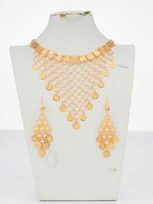 Juego de 3 piezas de joyería de mujer de lujo vintage de alta gama en oro de 18K, collar tipo babero con círculo de moneda antigua y aretes, joyería de boda nupcial de oro falso, para fiesta de vacaciones, cita, uso diario, sesión de fotos, cómodo y ligero, regalo - Dorado - Ver 3