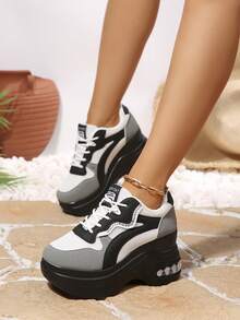 Women's Platform Sneakers, Color Block, Lightweight Breathable Mesh, Lace-Up Casual Shoes, Suitable For Spring And Autumn - Grey - View 2