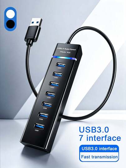 7端口USB 3.0集线器，5Gbps高速USB分线器，带LED指示灯，即插即用USB扩展器，适用于笔记本电脑/PC/台式机、U盘、移动硬盘、游戏机、办公/家用等设备