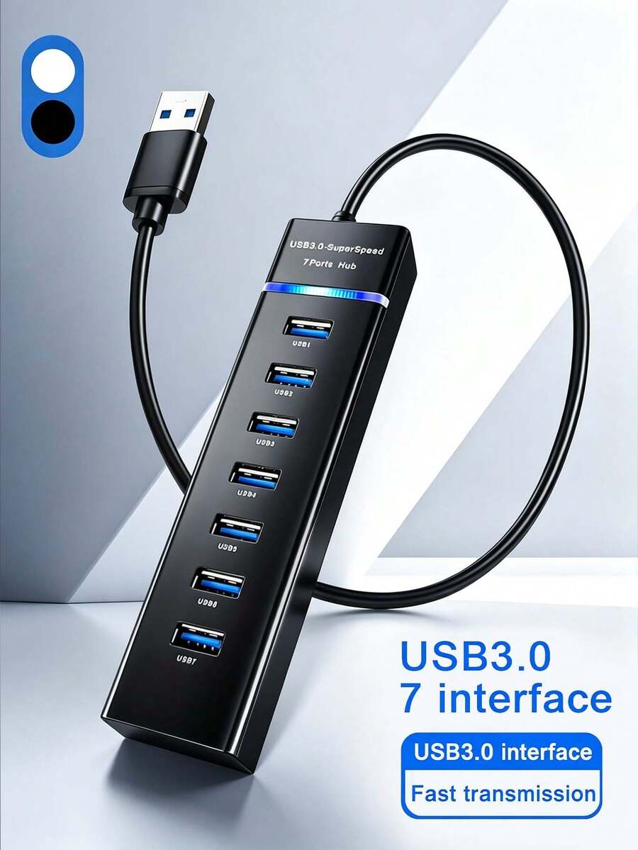 7-Port USB 3.0 Hub, 5Gbps High-Speed USB Splitter With LED Indicator, Plug & Play USB Expander For Laptop/PC/Desktop, Flash Drive, External Hard Drive, Gaming Console, Office/Home Use - View 1