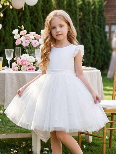 Young Girl White Ruffled Mesh Trim Party Dress, Elegant Princess Style Dress Suitable For Girls Birthday Party, Christmas Gift, Formal Dinner, Wedding, Casual Daily Wear
