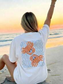 Women's Casual Loose White T-Shirt With Crab And Ocean Print, Round Neck. - White - View 5