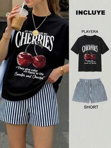 2 Playera Negra Cherries con Short Rayas Azul Marino con Blanco