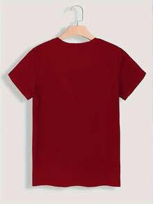Plus Size - Plus Size - Retro Rose And Coffee Plaid Print, Standard Size Letter Print, Versatile And Modern Crew Neck Top, Short Sleeve, Plus Size Fashion, Casual Crew Neck Top, Loose Fit 0-5XL, Machine Washable, Comfortable Fit, Short Sleeve - 酒紅色 - 查看 2