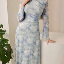 Nana's Women's Clothing Store  Vestido elegante de mujer con cuello redondo, mangas acampanadas y plisado en estilo tie-dye - amarillo ganso - Ver 7