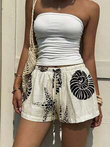 Pantalones cortos de mujer con cintura con cordón, estampado de rayas azules y conchas y estrellas de mar, para primavera/verano y vacaciones - Multicolor 2 - Ver 8