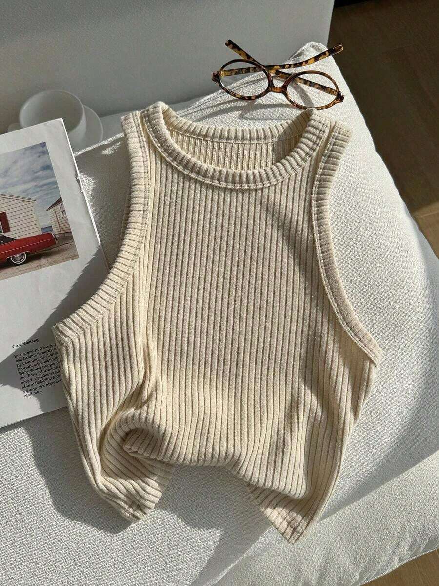 Camiseta de tirantes casual de cuello redondo color café oscuro, estilo deportivo de verano para mujer - Albaricoque - Ver 1