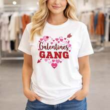Women's Short Sleeve Cotton Graphic T-Shirt, Casual Style, Heart Print, Loose Fit, For Valentine's Day, Various Sizes - 白色 - 查看 8