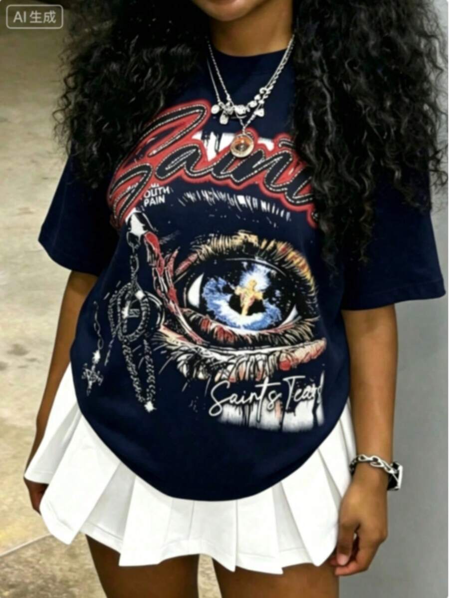 Cotton Clothes Y2K-Inspired Letter Print T-Shirt,Casual Crew Neck Short Sleeve, Perfect For Spring Summer Fall, Fashion Streetwear Unisex, Graphic Tee - 藏青色 - 查看 1