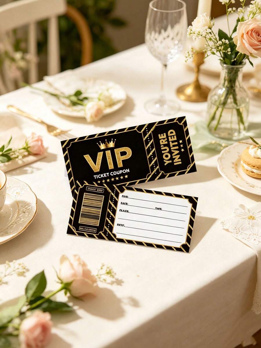 Bộ 20 thiệp mời VIP màu đen và vàng - Thiết kế kiểu vé. Thiệp mời VIP này mang vẻ đẹp tinh tế và sang trọng với hai tông màu đen và vàng, toát lên sự xa hoa độc quyền. Đây là lựa chọn lý tưởng cho các bữa tiệc sinh nhật, họp mặt bạn bè, đám cưới, lễ tốt nghiệp, tiệc theo chủ đề, tiệc kỷ niệm và các sự kiện tương tự.