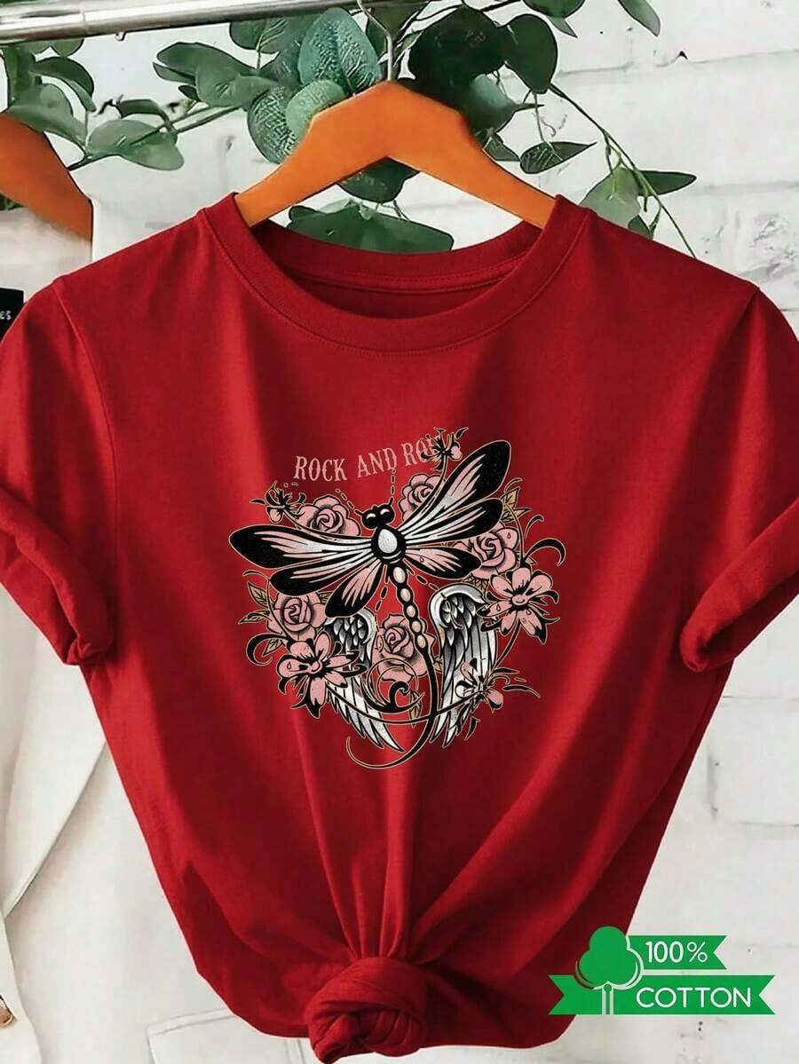 Women's Crew Neck T-Shirt With Anime Letter Print, Simple Design, Comfortable And Breathable, Suitable For Casual And Versatile Daily Wear, Showing A Natural And Elegant Style, A Must-Have For Summer Parties, Local Shipping, Dragonfly Rose 100% Pure Cotton. - 紅色 - 查看 1