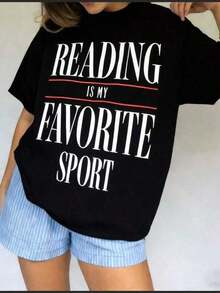 Suave Últimas camisetas gráficas de verano para mujer, camiseta vintage con la frase "La lectura es mi deporte favorito", camiseta para amantes de los libros, lector de libros, profesora de inglés, camiseta para bibliófila, camiseta de bibliotecaria, amante de los libros, camiseta de algodón 100% de manga corta, camiseta clásica de algodón grueso con estampado gráfico, top casual de manga corta para mujer, camisetas deportivas de manga corta, atuendo para conciertos de country, blusas de algodón para mujer,  mujer, blusa para mujer, ropa deportiva de mujer. - Negro - Ver 6