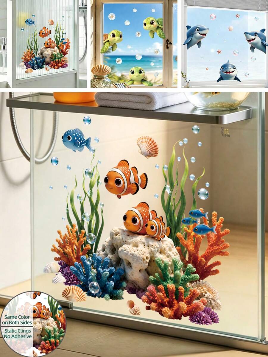 1片儿童房窗贴,海底生物静电贴纸,可爱的小丑鱼、海龟和鲨鱼,海洋主题婴儿房装饰,可重复使用,无需胶水,玻璃墙贴,适用于浴室、卧室、游戏室。 - 彩色 - 查看 1