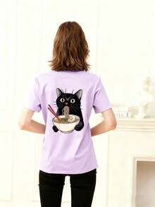 Girls' Fun Cat Print Crew Neck T-Shirt, Summer Top - Màu tím - View 2