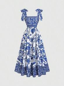 Vestido vintage de mujer con cintura anudada y estampado floral diminuto, de peso ligero y lujoso, sin mangas, rojo, ajustado, sexy, adecuado para vacaciones de verano y fiestas - Multicolor 2 - Ver 11