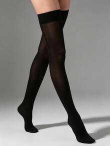 1 Pair Ice Silk Solid Color Transparent Thigh High Socks, Cool And Sun-Protective Long Stockings For Summer, Daily, Party And Casual Wear - Black - View 6