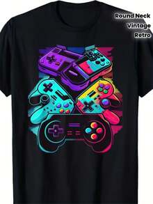 Camiseta de Gaming Vintage para Hombre de Talla Grande - Gráfico Retro de Mando de Videojuegos con Diseño de Brillo Neón, Transpirable, Tallas Grandes y Altas, Camiseta Casual de Cuello Redondo para Gimnasio, Viajes y Ropa Casual - Perfecta - Negro - Ver 1