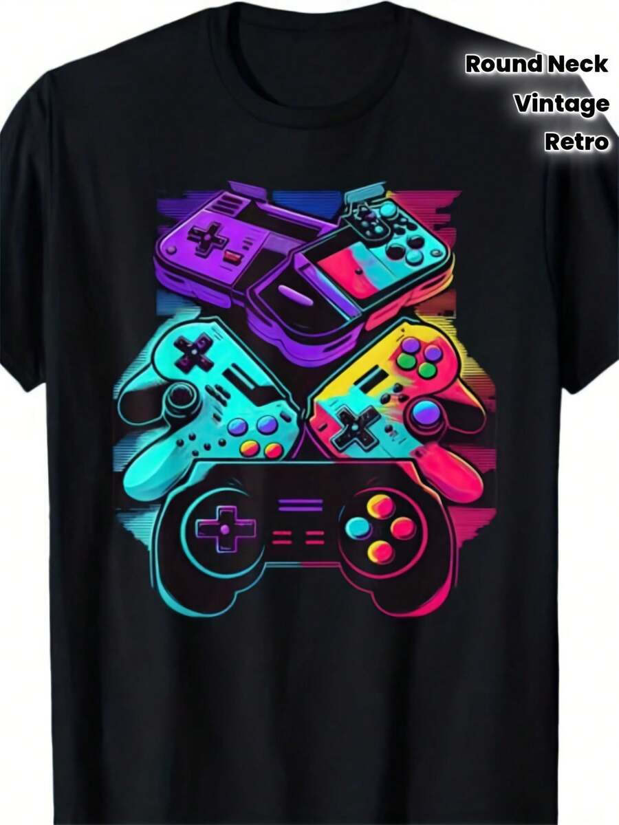 Camiseta de Gaming Vintage para Hombre de Talla Grande - Gráfico Retro de Mando de Videojuegos con Diseño de Brillo Neón, Transpirable, Tallas Grandes y Altas, Camiseta Casual de Cuello Redondo para Gimnasio, Viajes y Ropa Casual - Perfecta - Negro - Ver 1