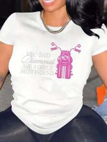 Camiseta gráfica de motocicleta para mujer de Cultura Maya con estampado de "Who Said Diamonds Are A Girl's Best Friend" - Perfecta para uso casual y de entrega rápida. Camiseta de punto de manga corta con cuello redondo, moderna para uso diario - Camiseta holgada 100% algodón. - Blanco - Ver 7