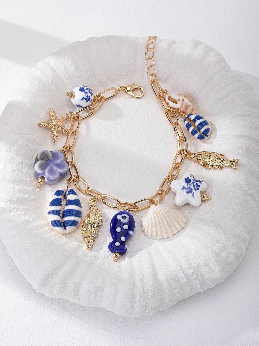 1pc Handmade Summer Starfish & Shell Pendant Bracelet, Cute Beach Style Jewelry, Women's Summer Holiday Accessory, Suitable For Beach Party & Photography (Color And Style May Vary) - Multicolor - View 1