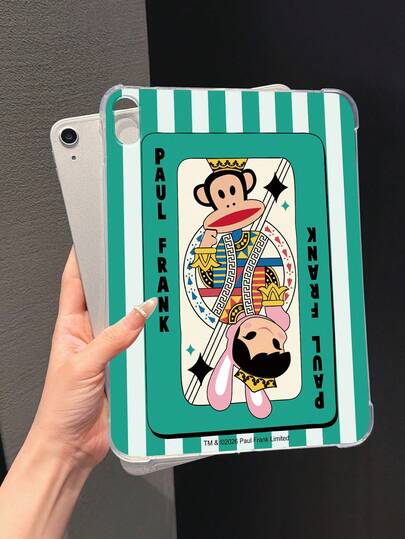  官方授权 Paul Frank 透明平板电脑保护套，卡通猴子和兔子字母卡片绿色条纹图案，全新设计，适用于 iPad Air