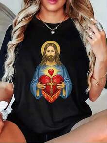 ropa de mujer  Camiseta Religiosa Católica para Mujer - Sagrado Corazón de Jesús con Aureola Dorada y Símbolo de Cruz - Manga Corta Cuello Redondo Casual (, Gris, Blanco, Rojo Oscuro) - Ropa de Fe para Iglesia, Oración, Atuendo Casual  camisas de mujer - Negro - Ver 6