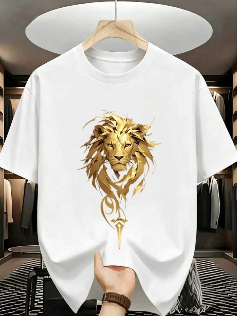 Men's Summer T-Shirt, American And Modern Style, Gold Lion Head Print, Short Sleeve, Modern And Eye-Catching Premium Feel, Suitable For Casual Daily Wear/Outdoor Sports/Parties/Dates, Affordable And Non-Collision Creative Gift For Boyfriend - 白色的 - 查看 1