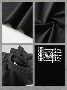 El audaz felino representa la fuerza y la determinación, un espíritu indomable que inspira a superar cualquier desafío en la vida y el deporte. La repetición del nombre Champion a su alrededor refuerza la idea de excelencia y logro constante. Este estampado evoca la victoria y la mentalidad de quien siempre va a por más.camiseta de mujer con estampado de felino campeón y texto repetido. - Negro - Ver 4