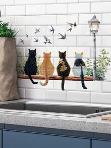 Healing Cat Silhouette Waterproof Oilproof Wall Sticker, 4 Different Floral Patterns, Warm And Healing Atmosphere, Kitchen/Bathroom Tile Renovation Tool, Cute Pet Warm Self-Adhesive Wall Decor Sticker - Wall Stickers - View 9