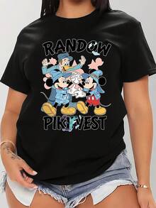Disney Fun Cartoon Mickey Mouse And Donald Duck Print Women's T-Shirt, Couple And Best Friend Style Summer Casual Crew Neck Short Sleeve Top, Youthful College Style Cartoon Sweatshirt, Outdoor Daily Casual Wear For Women - màu đen - Xem 7