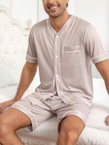 Men's Sleepwear Set, Lightweight V-Neck Cardigan & Shorts, Solid Color Pockets, Soft & Comfortable Summer Pajamas - Multicolor - View 6